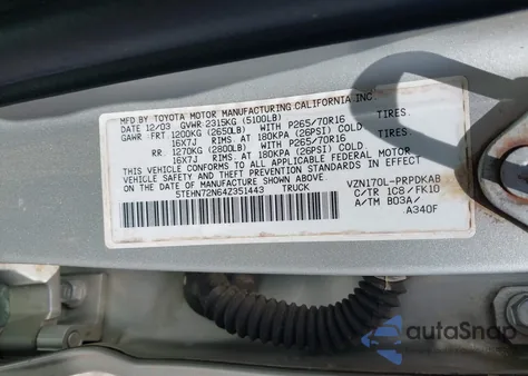 2004 Toyota Tacoma Base V6 z USA, uszkodzony, nr VIN 5TEHN72N64Z351443